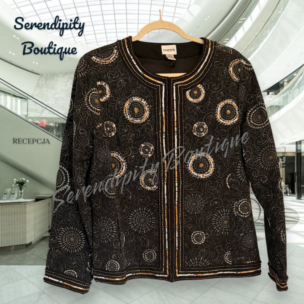 Chicos All Over Embroidery Beaded 100% Cotton Fully Lined Blazer Jacket - Picture 2 of 10